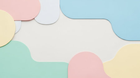 Abstract pastel shapes with rounded edges overlapping in a playful arrangement on a white background.の素材