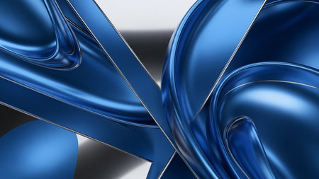 Abstract blue metallic forms with silver edges and highly reflective surfaces create a dynamic, fluid design.の素材