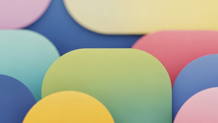 Abstract composition of colorful rounded rectangles overlapping on a vibrant blue background.の素材