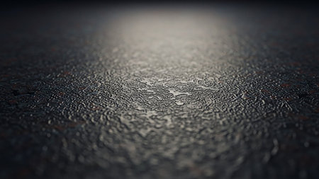 A close-up macro view of a dark, wet asphalt surface with small reflective puddles, showing intricate texture and a shallow depth of field.の素材
