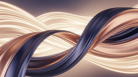 Abstract image of intertwined ribbons of copper and deep blue flowing against a background of creamy white fabric waves.の素材