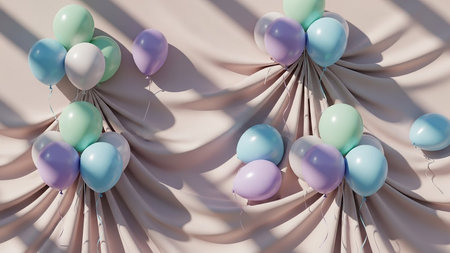 Pastel balloons are arranged with draped fabric in soft lighting, creating a gentle atmosphere.の素材