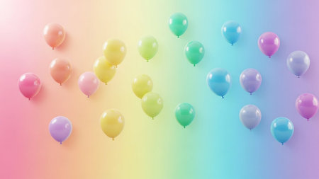 A collection of pastel colored balloons floating against a soft gradient background.の素材