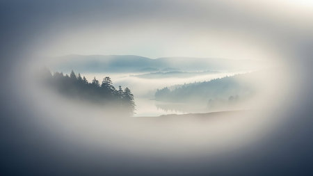 A serene mountain landscape shrouded in mist, with a calm lake reflecting the soft light and silhouetted pine trees lining the shore.の素材
