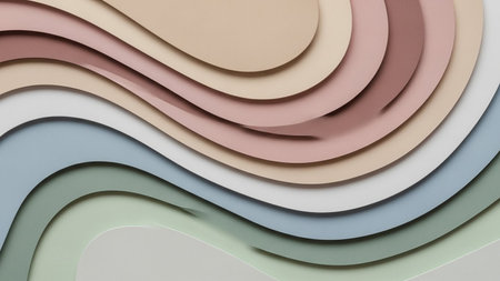 Layered paper waves in soft pastel and earthy tones create an abstract, organic design.の素材