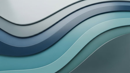 Abstract background with layered, flowing waves in muted blue, gray, and teal colors, creating a sense of depth and smooth texture.の素材