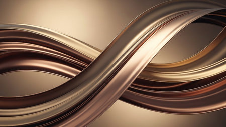Smooth, flowing metallic ribbons in warm bronze and gold tones create an elegant abstract background with a luxurious sheen.の素材