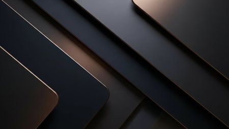Abstract dark geometric shapes with metallic bronze accents and sharp edges, creating a modern and sophisticated layered design.の素材