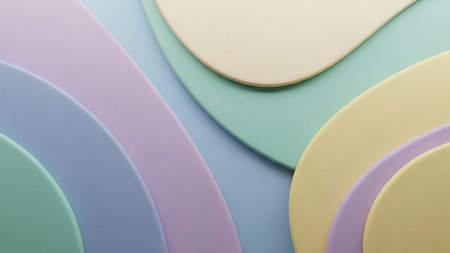 Overlapping pastel colored curved shapes in a soft, layered composition create a gentle and clean aesthetic.の素材