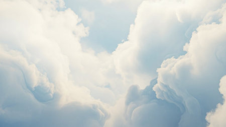 Soft fluffy white clouds are seen against a light blue sky with gentle, diffused lighting.の素材