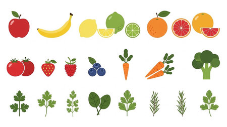 A collection of flat design icons featuring various fruits, vegetables, and herbs arranged in rows on a white background.の素材