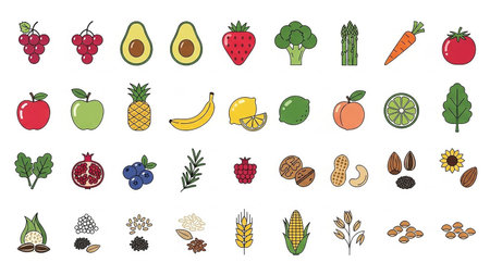 A collection of flat design icons representing a variety of fruits, vegetables, nuts, and grains on a white background.の素材
