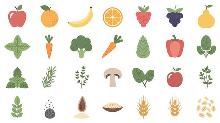 A flat design arrangement of 25 colorful icons featuring fruits, vegetables, herbs, and grains on a white background.の素材