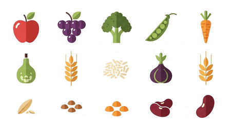 Seed showing assorted fruits vegetables grains and legumes flat icons on white background keywords: apple, fruit, food, healthy, organic, nutrition,...の素材