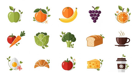 Cup showing assorted healthy food items and drinks in flat design icons keywords: apple, orange, banana, grapes, tomato, carrot, cabbage, broccoli,...の素材