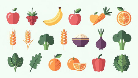 A collection of flat design icons showcasing fruits, vegetables, grains, and spices including apples, bananas, oranges, carrots, broccoli, wheat,...の素材