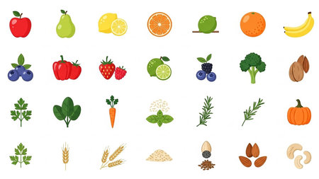 White showing assortment of flat design icons for fruits vegetables grains nuts and herbs on a white background keywords: fruits, vegetables,...の素材
