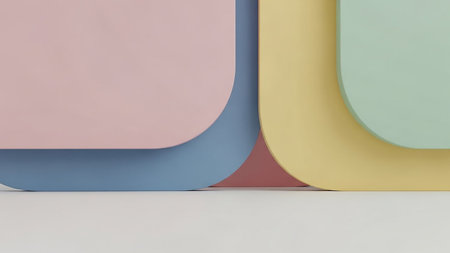 Abstract composition of rounded rectangular shapes in pastel blue, pink, yellow, and green.の素材
