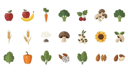 A flat design illustration featuring a grid of various fruits vegetables grains nuts and seeds in a colorful assortment.の素材