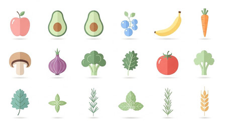 White showing assortment of fresh fruits vegetables and herbs flat icons on white background keywords: apple, pink apple, avocado, blueberries,...の素材