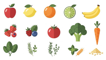 A flat design illustration featuring a variety of fruits, vegetables, herbs, and grains arranged in rows on a white background.の素材