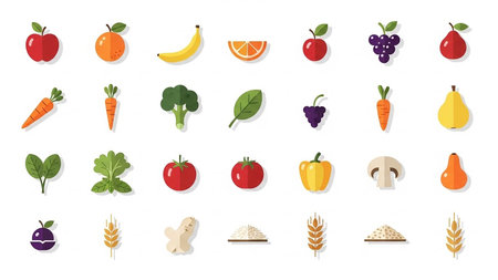 vegetables and fruits icon set over white background, flat style, vector illustrationの素材