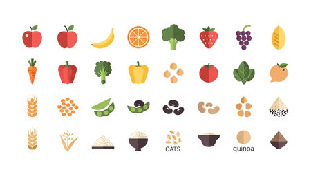 A grid of flat design icons displaying a wide variety of fruits, vegetables, grains, and legumes on a white background.の素材