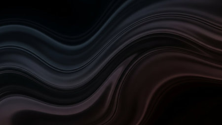 Dark abstract background with smooth, wavy fluid lines and subtle color gradients creating a flowing texture.の素材