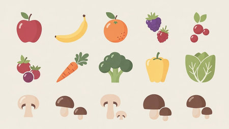 Mushrooms showing flat design icons of fruits vegetables and mushrooms on beige background keywords: apple, banana, orange, berries, cranberries,...の素材