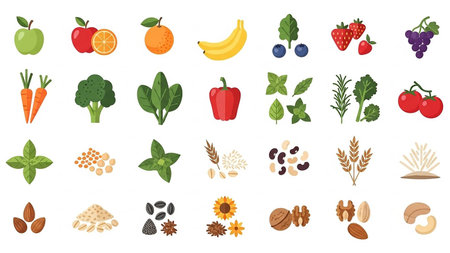 (19) showing colorful flat icons of fruits vegetables grains nuts and herbs keywords: apple, orange, banana, blueberries, strawberries, grapes,...の素材