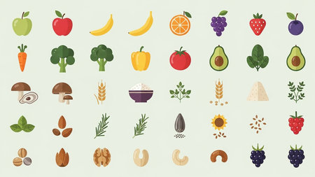 A flat design illustration displaying a wide assortment of fruits vegetables grains nuts and seeds arranged in a grid.の素材
