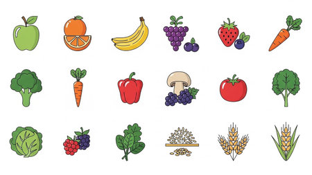 fruits and vegetables icons set over white background, line style, vector illustrationの素材