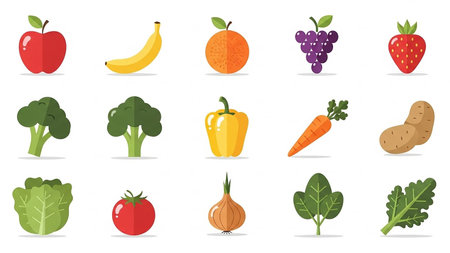 A flat design collection featuring a variety of fresh fruits and vegetables on a white background.の素材