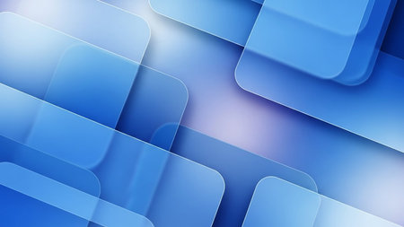 Overlapping translucent blue rounded rectangles with soft shadows creating a layered abstract design.の素材