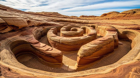 A unique swirling sandstone formation in a desert canyon, showcasing layered rock patterns under a bright blue sky.の素材