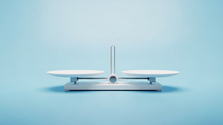 A white balance scale is centered on a light blue background with soft shadows Clear details and vibrant color...の素材