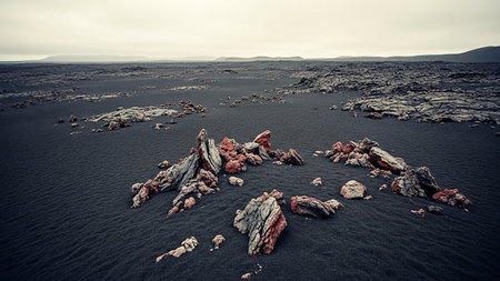 A stark volcanic landscape featuring dark black sand and clusters of reddish-brown mineralized rock formations.の素材