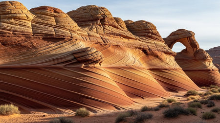 Swirling sandstone formations with layered textures and a natural arch in a desert landscape under a clear sky.の素材