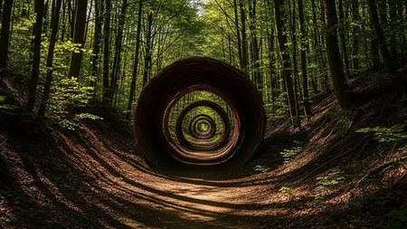 A forest path leads through a series of repeating circular wooden structures, with sunlight dappling the leaf-covered ground.の素材