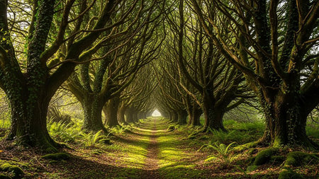 An enchanting forest path winds through ancient moss-covered trees forming a natural archway, with dappled sunlight filtering through.の素材