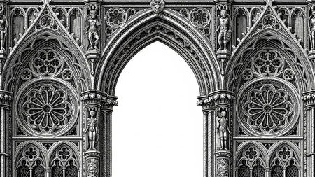 Ornate gothic archway with detailed carvings, statues, and rose windows on a white background.の素材