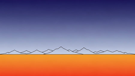A minimalist illustration of a desert landscape featuring a flat orange plain, a silhouette of distant mountains, and a blue gradient sky.の素材