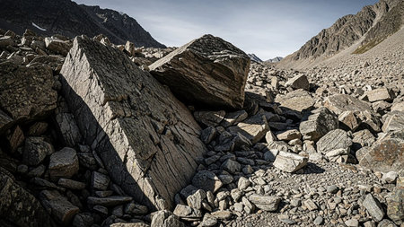 A rugged mountain landscape filled with large, jagged boulders and loose rocks, under a clear sky.の素材
