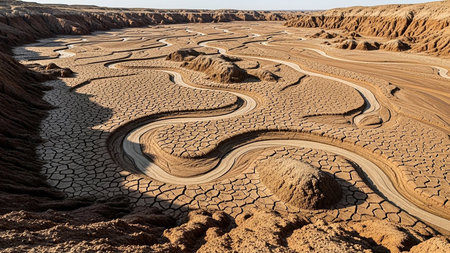 An aerial view of a vast desert landscape featuring a dry riverbed with winding channels and cracked earth.の素材