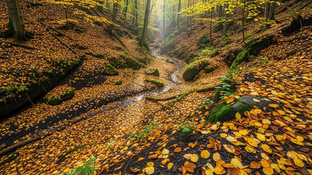 A forest ravine in autumn with a stream flowing through it, covered in a thick carpet of fallen yellow and orange leaves.の素材