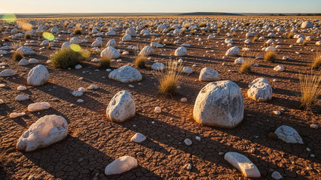 An arid landscape with deeply cracked earth dotted with scattered white rocks and dry grass under the warm light of a setting sun.の素材