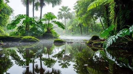 A tranquil tropical rainforest scene featuring a still pond reflecting lush green vegetation and a gentle mist rising.の素材