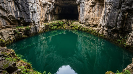 A deep green pool of water sits within a rocky cave, reflecting the textured walls and dark opening.の素材