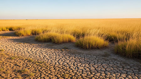Yellow showing cracked dry earth in foreground with golden dry grass field and clear sky keywords: dry, cracked, earth, ground, soil, drought, arid,...の素材