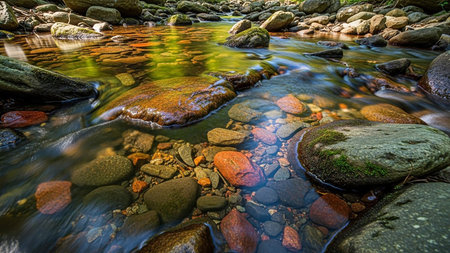 A close-up view of clear stream water flowing over colorful, moss-covered rocks and pebbles, with sunlight reflecting on the surface.の素材